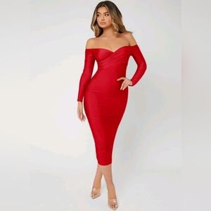 Solid Off Shoulder Bodycon Red Dress